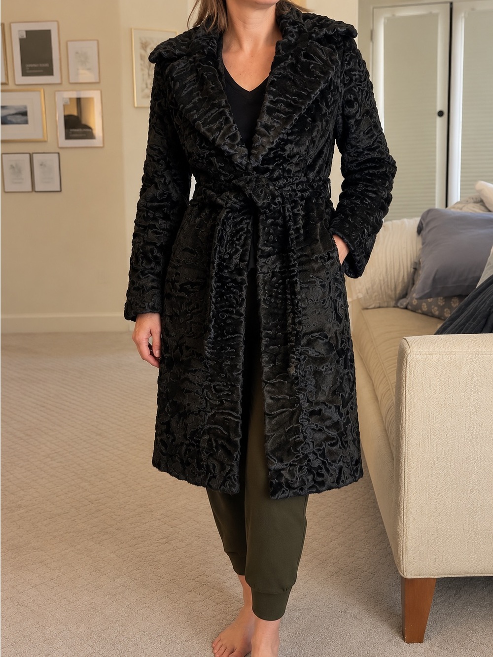 Vintage Karakul Lamb Fur Coat Black Size 10 Made in Greece Long Belted